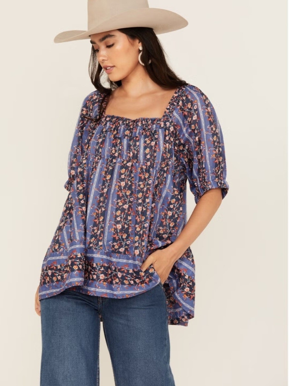 Free People Vintage Lover Floral Print Short Sleeve Blouse XS Like New